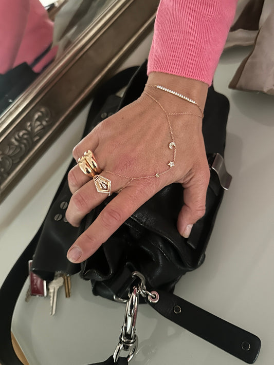 Henna- 18kt Rose Gold Diamond Sun Moon and Star Ring Bracelet