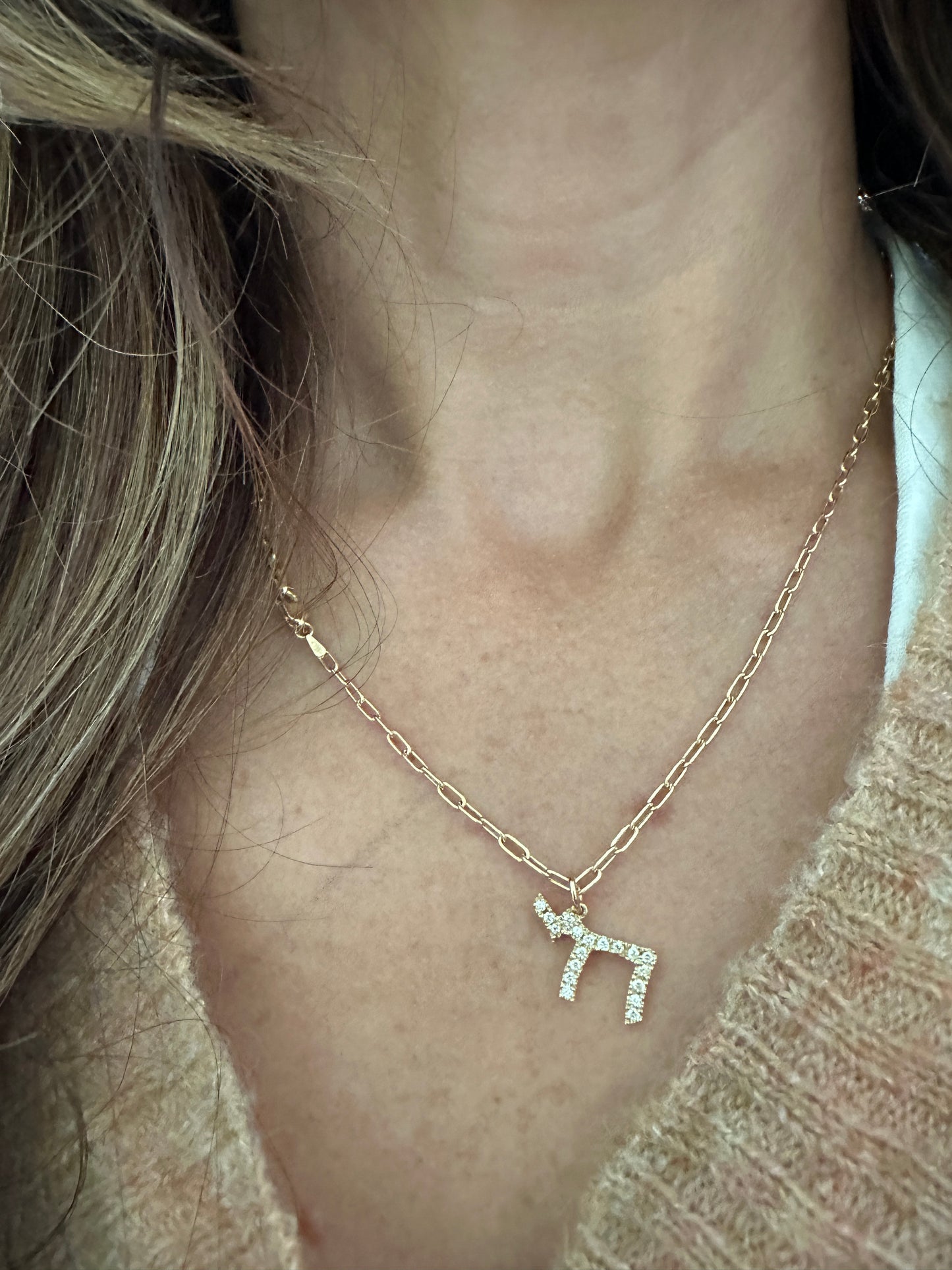 Chai Charm with Chain - 18kt Yellow Gold and Diamond