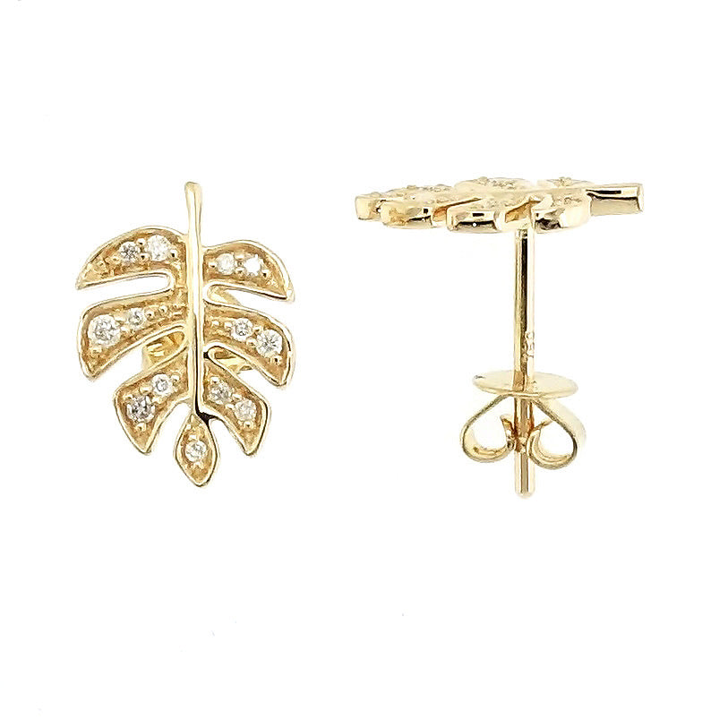 Foglia - 18kt Yellow Gold Diamond Leaf Stud Earrings