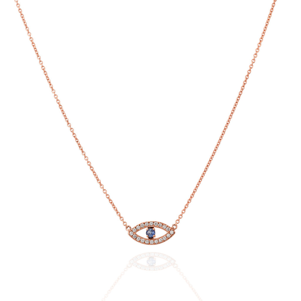 18kt Rose Gold Evil Eye with Diamonds and Cornflower Blue Sapphire