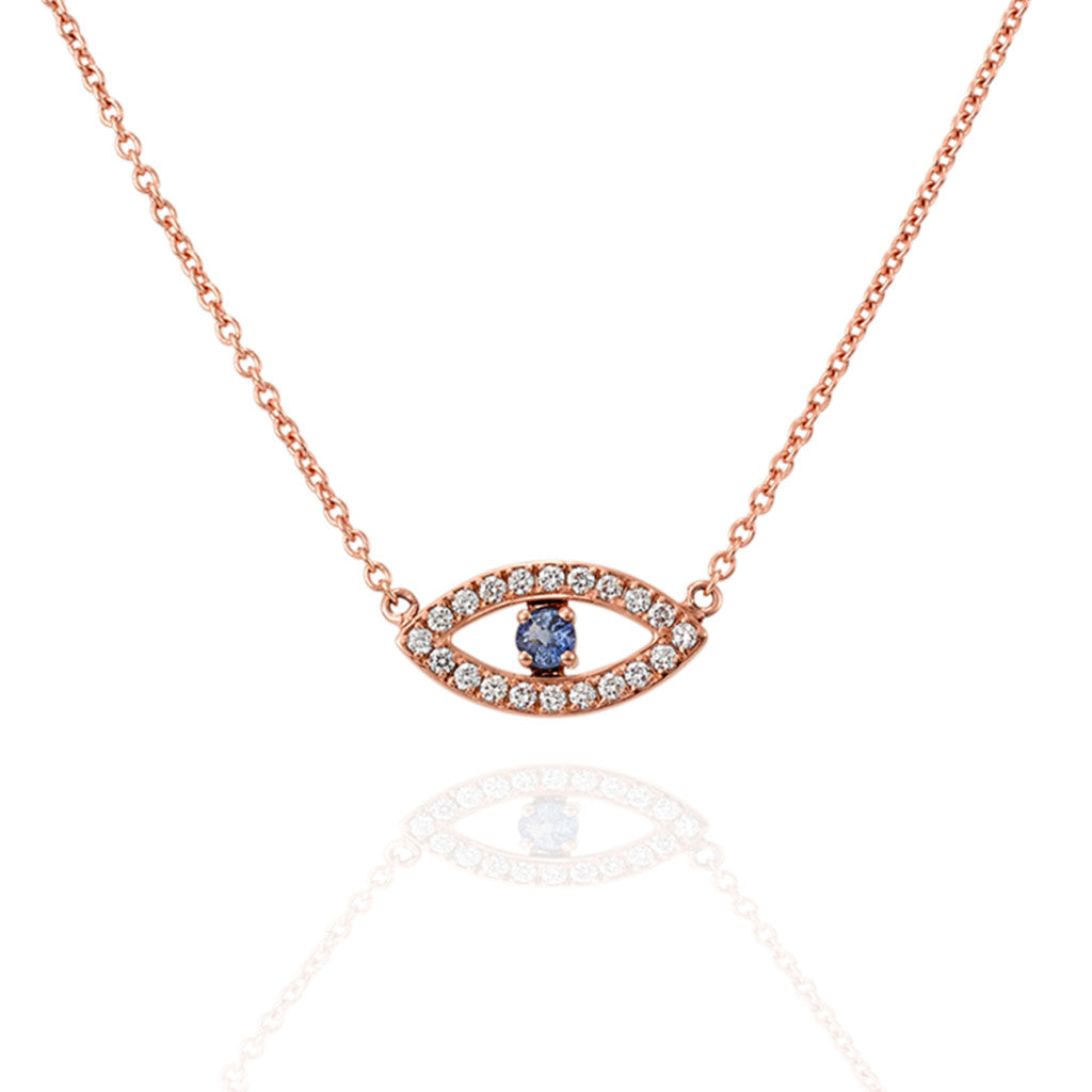 18kt Rose Gold Evil Eye with Diamonds and Cornflower Blue Sapphire