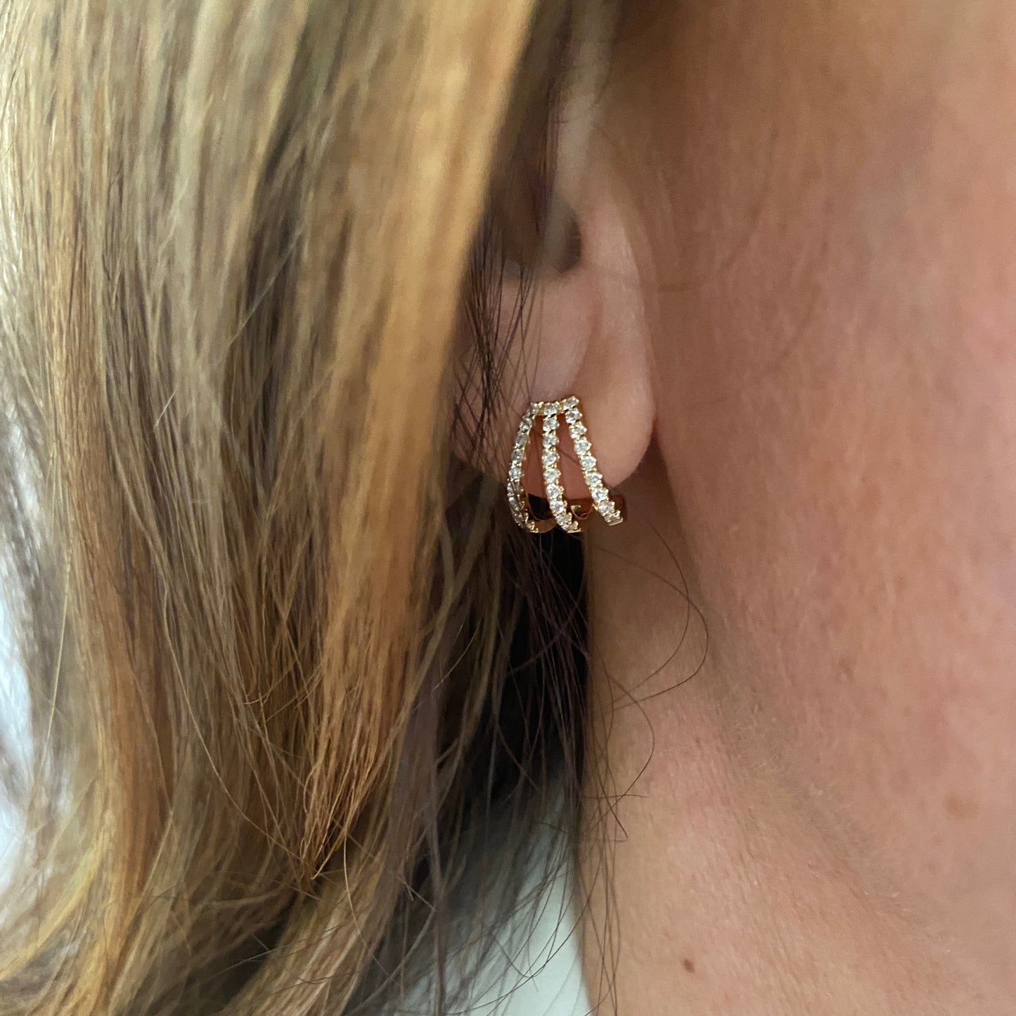 Tiara Huggies - 18kt Rose Gold Three Row Diamond Huggies Earrings