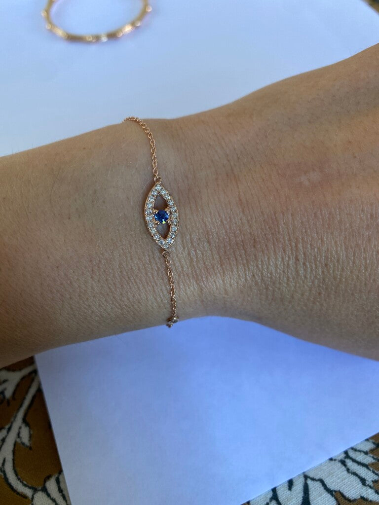 Serene - 18kt Rose Gold Evil Eye Bracelet with Diamonds and Cornflower Blue Sapphire