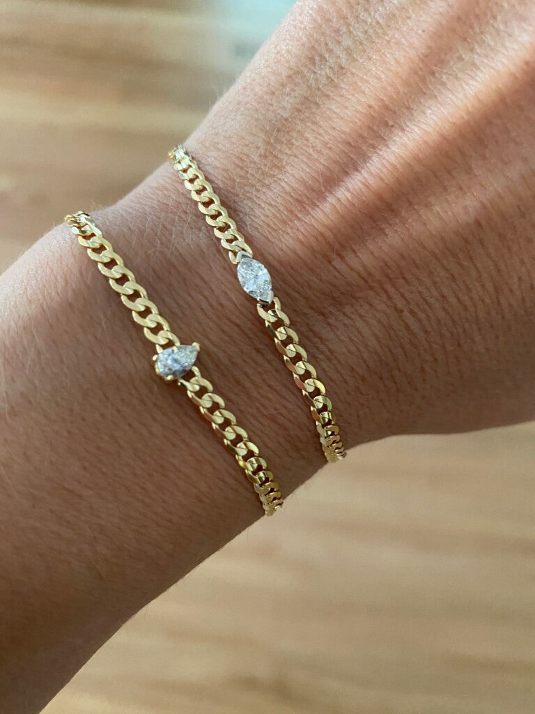 Miami - 18kt Yellow Gold Cuban Chain Bracelet with Marquise Diamond