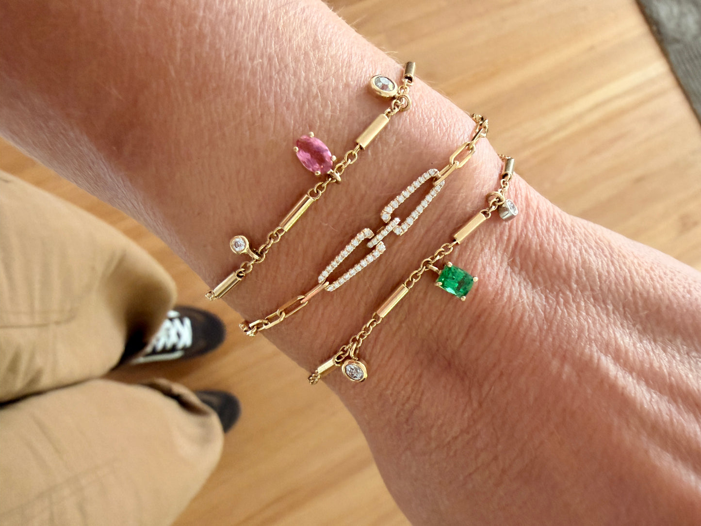 Miami - 18kt Yellow Gold Diamond Link Bracelet with Pink Tourmaline and Diamonds