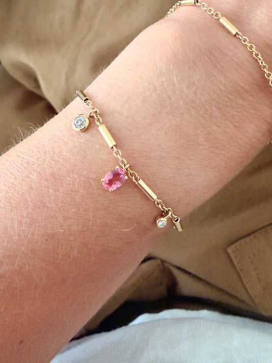 Miami - 18kt Yellow Gold Diamond Link Bracelet with Pink Tourmaline and Diamonds