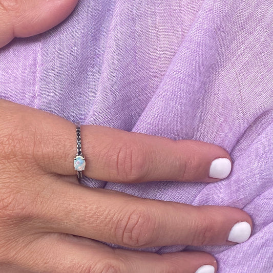 18k White Gold Ring with Black Diamonds and Opal